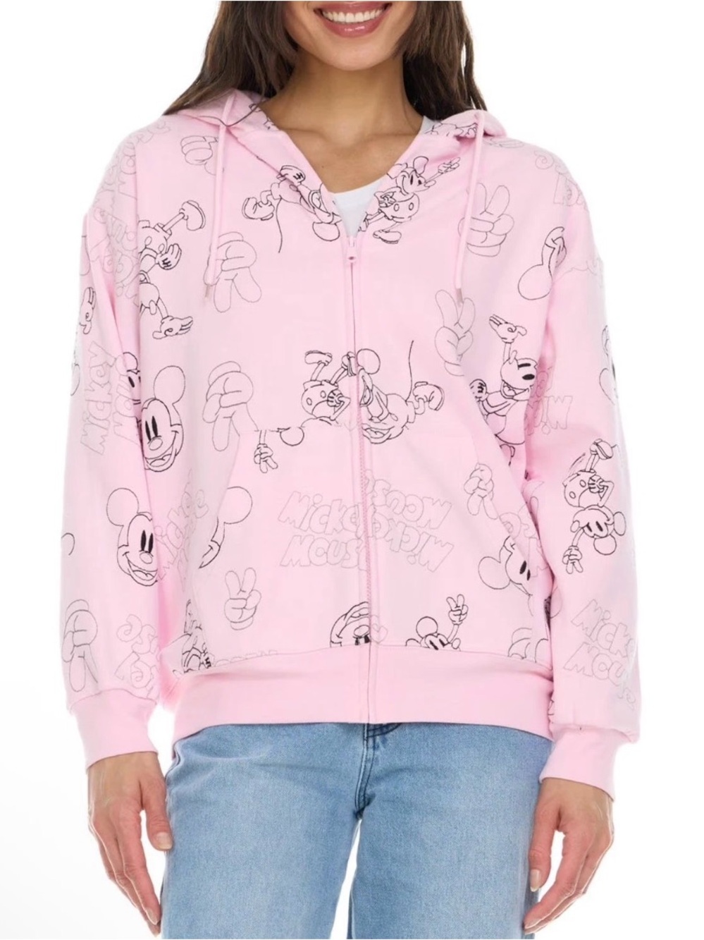 Disney Mickey Mouse Hoodie Sweatshirt Women's M Pink AOP Zip Up Embroidered NWT